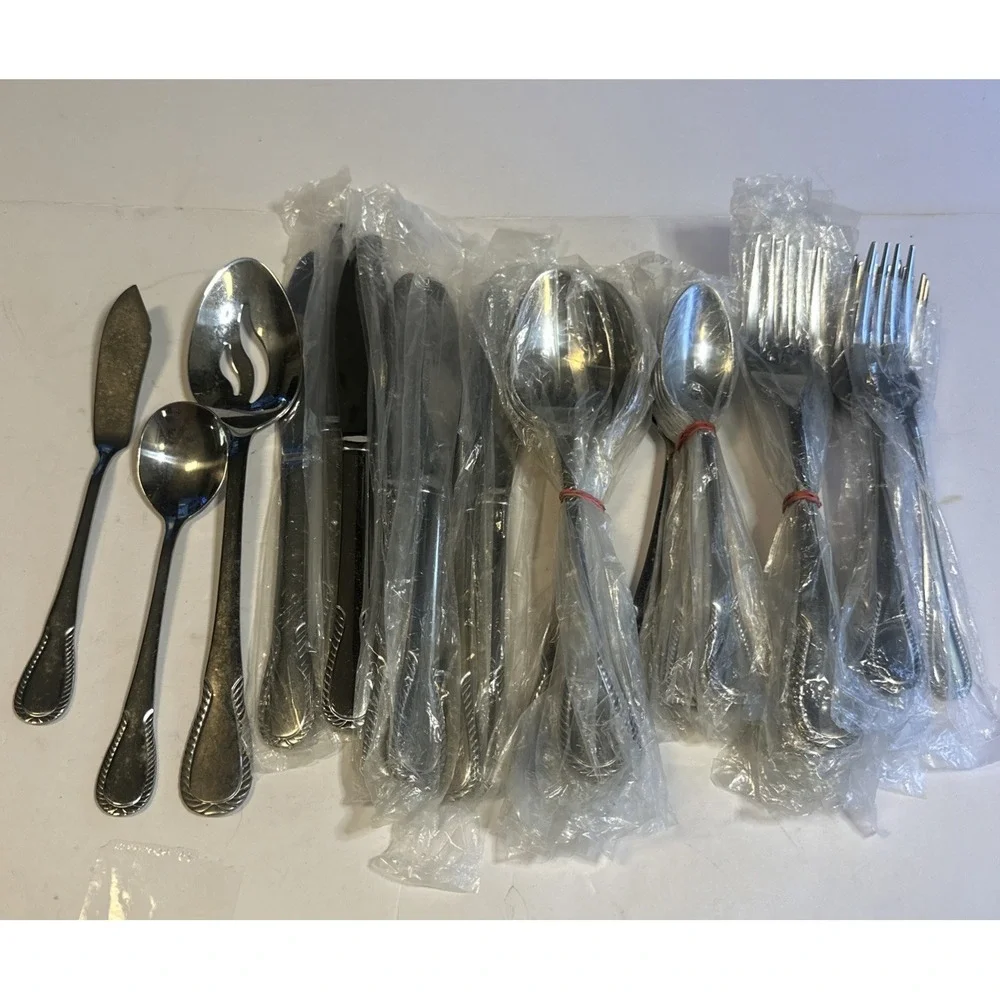 41 Pc Assorted Lot Of Stainless China With Rope Edge Design Most Are In Bags